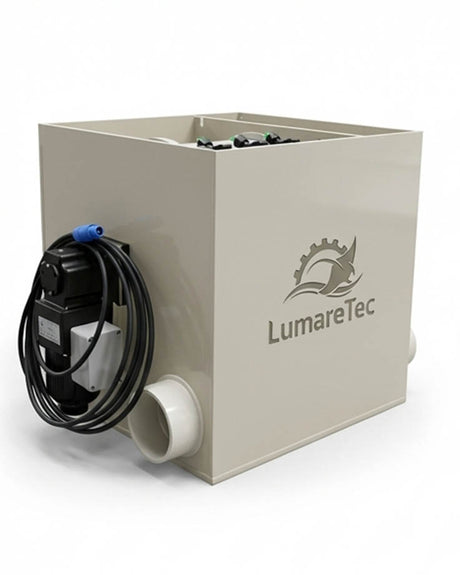 LumareTec PolyStream Trommelfilter mit integrierter Pumpe für Koiteiche Seitenansicht mit Pumpenkammer, PP 