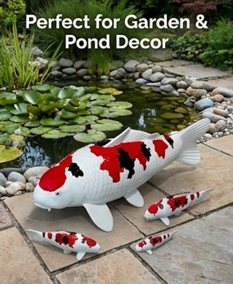 Maruten Sanke Koi-Fischfigur in Rot, Schwarz und Weiß als dekorative Fisch Figur für Garten und Teichbereich