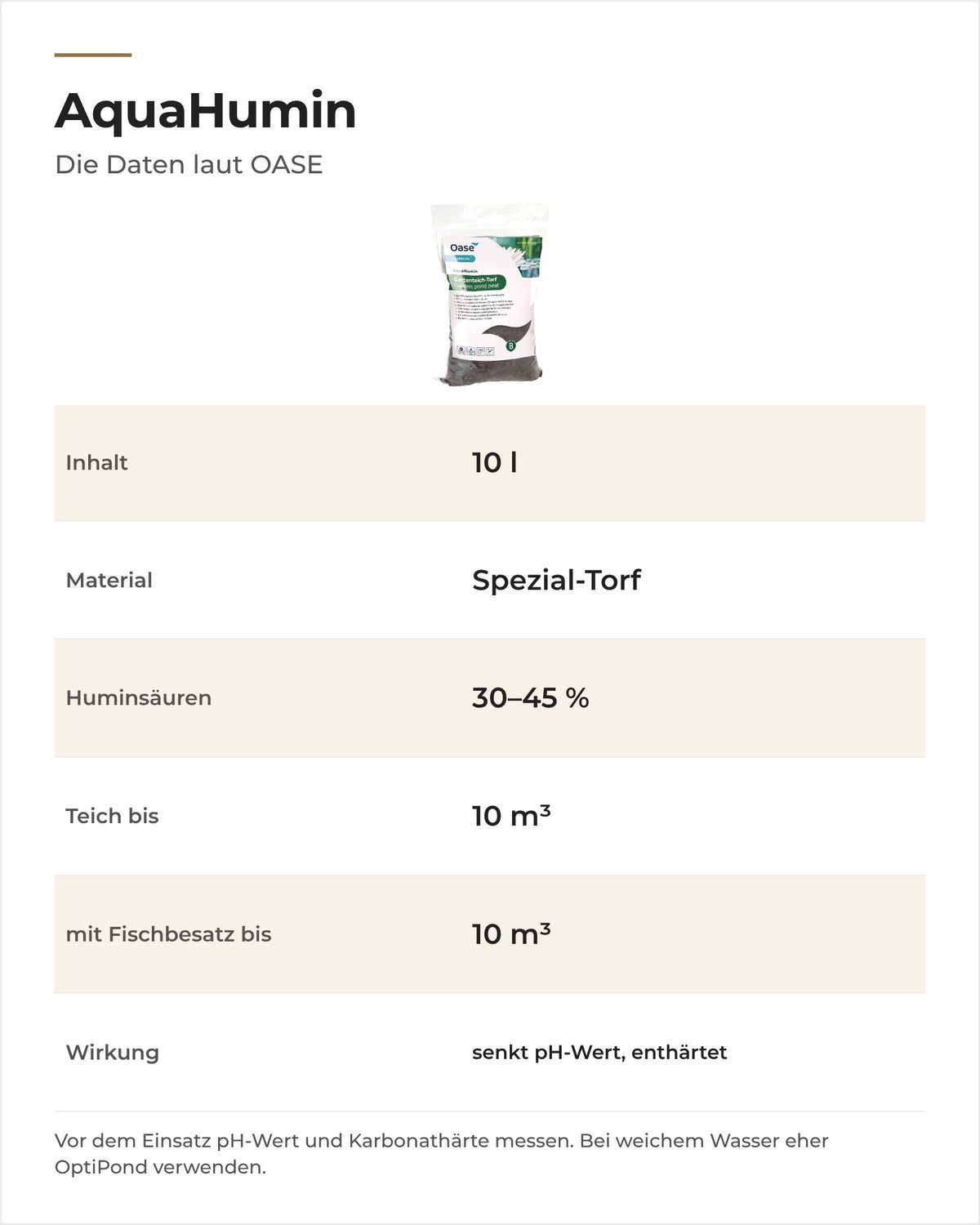 Daten OASE AquaActiv AquaHumin: Inhalt, Huminsäure-Anteil, Teichgröße und Wirkung