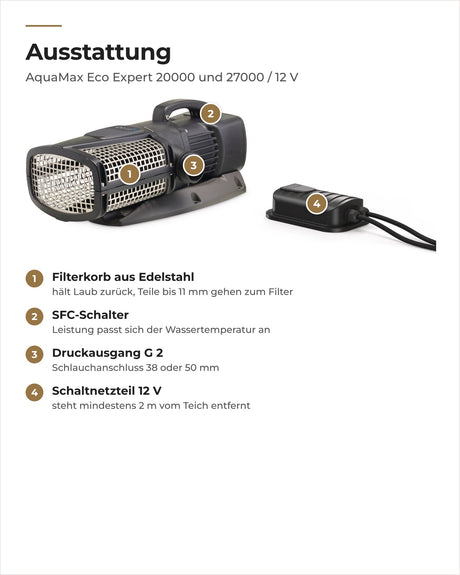 Ausstattung der OASE AquaMax Eco Expert 12 V: Filterkorb aus Edelstahl, SFC-Schalter, Druckausgang G 2, Schaltnetzteil