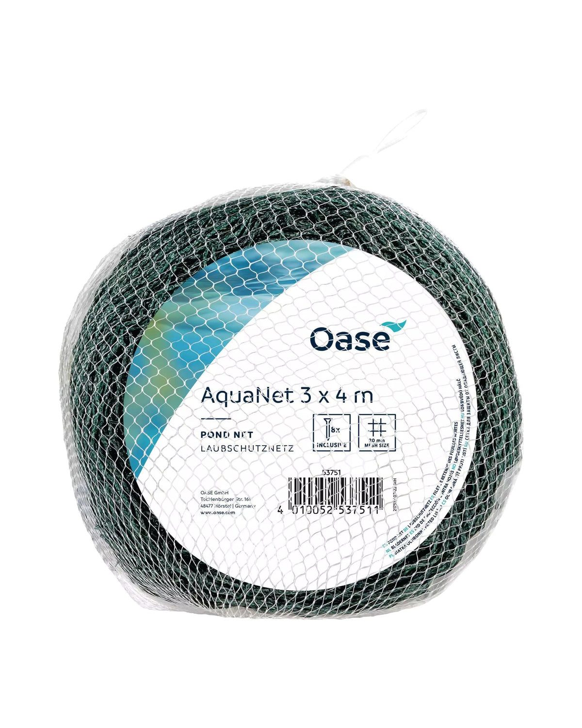 OASE AquaNet 3 × 4 m: aufgerolltes Teichnetz in der Packung mit Etikett