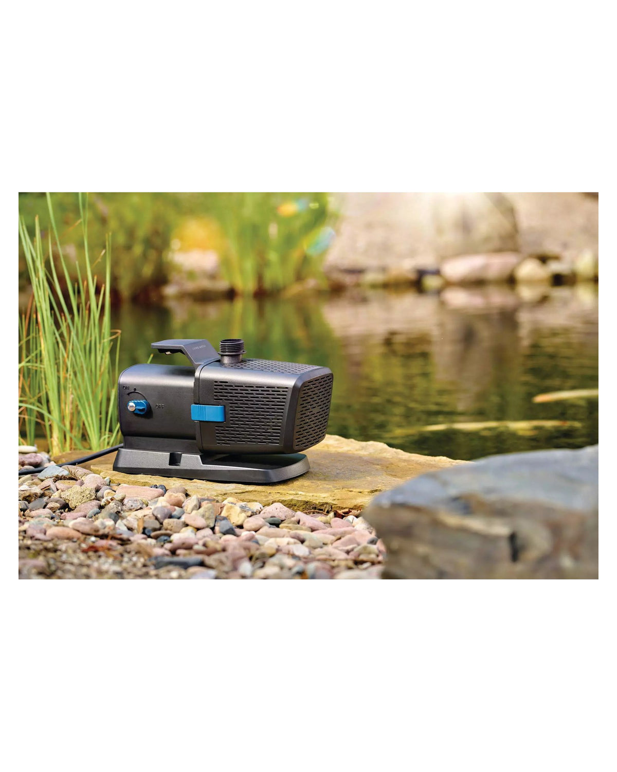 OASE Aquarius Eco Premium trocken aufgestellt auf einem Stein am Teichrand