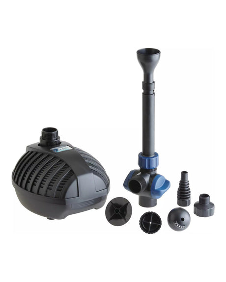 Lieferumfang OASE Aquarius Fountain Set Classic 1000: Pumpe, Teleskop mit T-Stück, Schlauchtülle, 3 Aufsätze