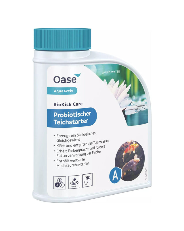 OASE AquaActiv BioKick Care 500 ml in der Flasche mit Griffloch und Koi-Motiv