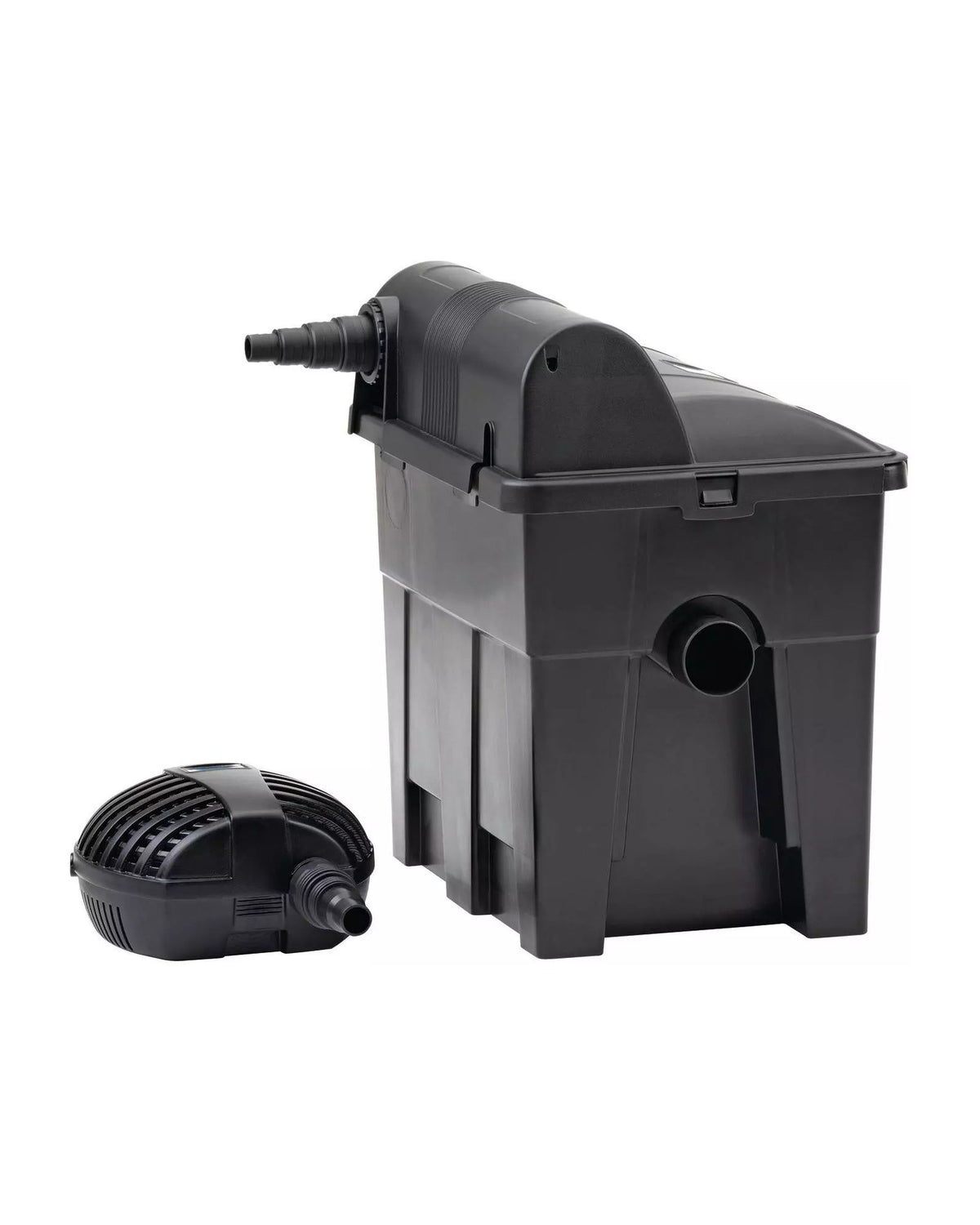 OASE BioSmart Set 7000: Filter von der Seite mit Zulauf an der UVC-Haube, daneben die Filterpumpe