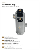 Ausstattung der OASE Bitron Premium: Edelstahlreaktor, Anschlüsse DN 110, UVC-Lampen und Schalter je Lampe