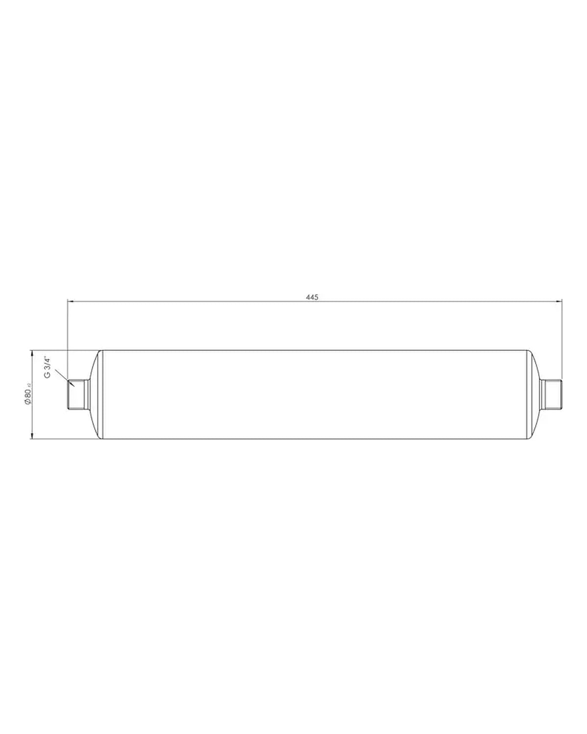Maßzeichnung OASE Dechlorinator: 445 mm von Gewinde zu Gewinde, Ø 80 mm, Gewinde G ¾″ an beiden Enden