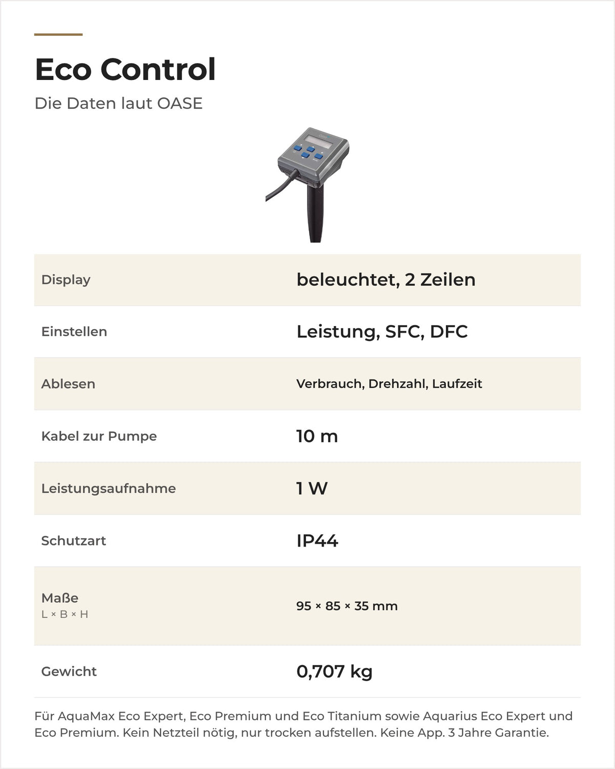 Daten OASE Eco Control: Display, Funktionen, Kabel, Leistung, Schutzart, Maße, Gewicht und passende Pumpen