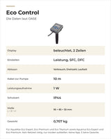 Daten OASE Eco Control: Display, Funktionen, Kabel, Leistung, Schutzart, Maße, Gewicht und passende Pumpen