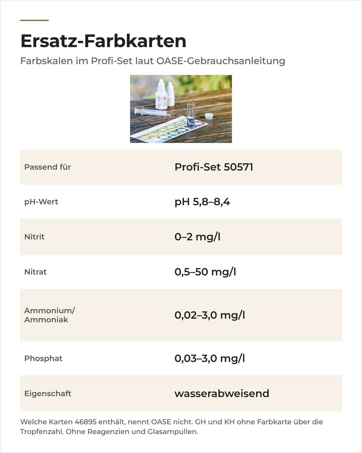 OASE Ersatz-Farbkarten 46895: Farbskalen der Tests im Profi-Set laut OASE-Gebrauchsanleitung