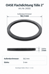 Maßzeichnung der OASE Flachdichtung Tülle 2 Zoll, Artikelnummer 24192, mit Außendurchmesser 56,3 mm und Stärke 3 mm auf weißem Hintergrund.