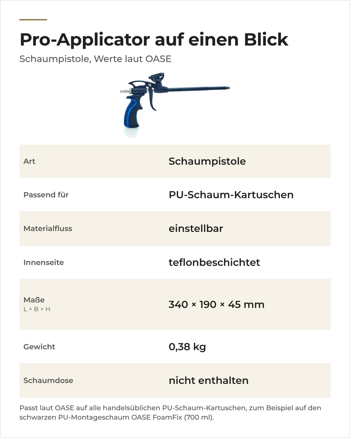 Daten OASE FoamFix Pro-Applicator: passende Kartuschen, Materialfluss, Innenseite, Maße und Gewicht