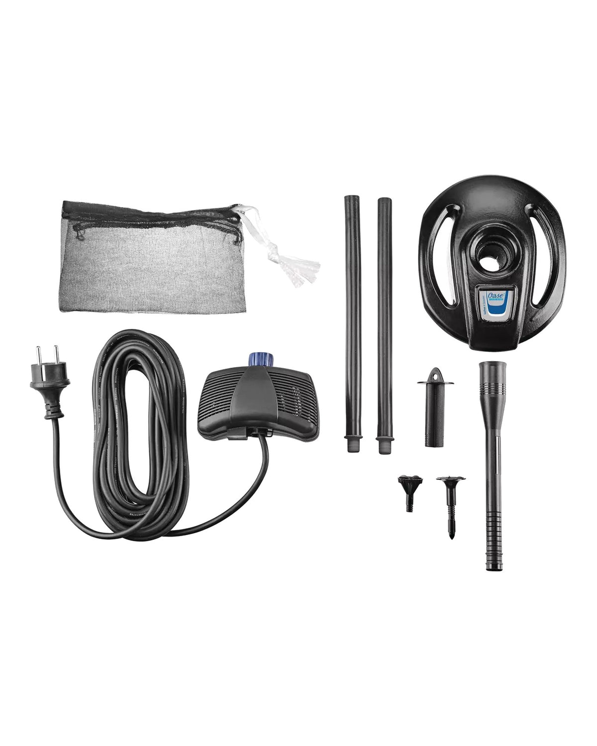 OASE IceFree 4 Seasons ausgepackt: Filterbeutel, Pumpe mit Kabel, Rohre, Schwimmkörper und Düsenaufsätze