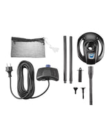 OASE IceFree 4 Seasons ausgepackt: Filterbeutel, Pumpe mit Kabel, Rohre, Schwimmkörper und Düsenaufsätze