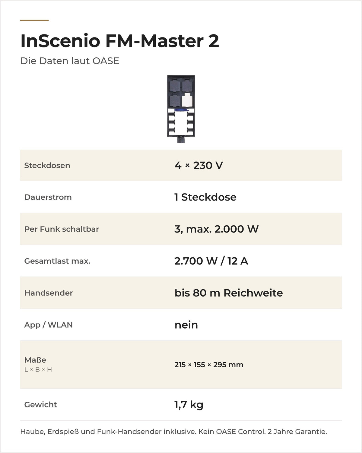 Daten OASE InScenio FM-Master 2: Steckdosen, Dauerstrom, Funk-Reichweite, Gesamtlast, Maße und Gewicht