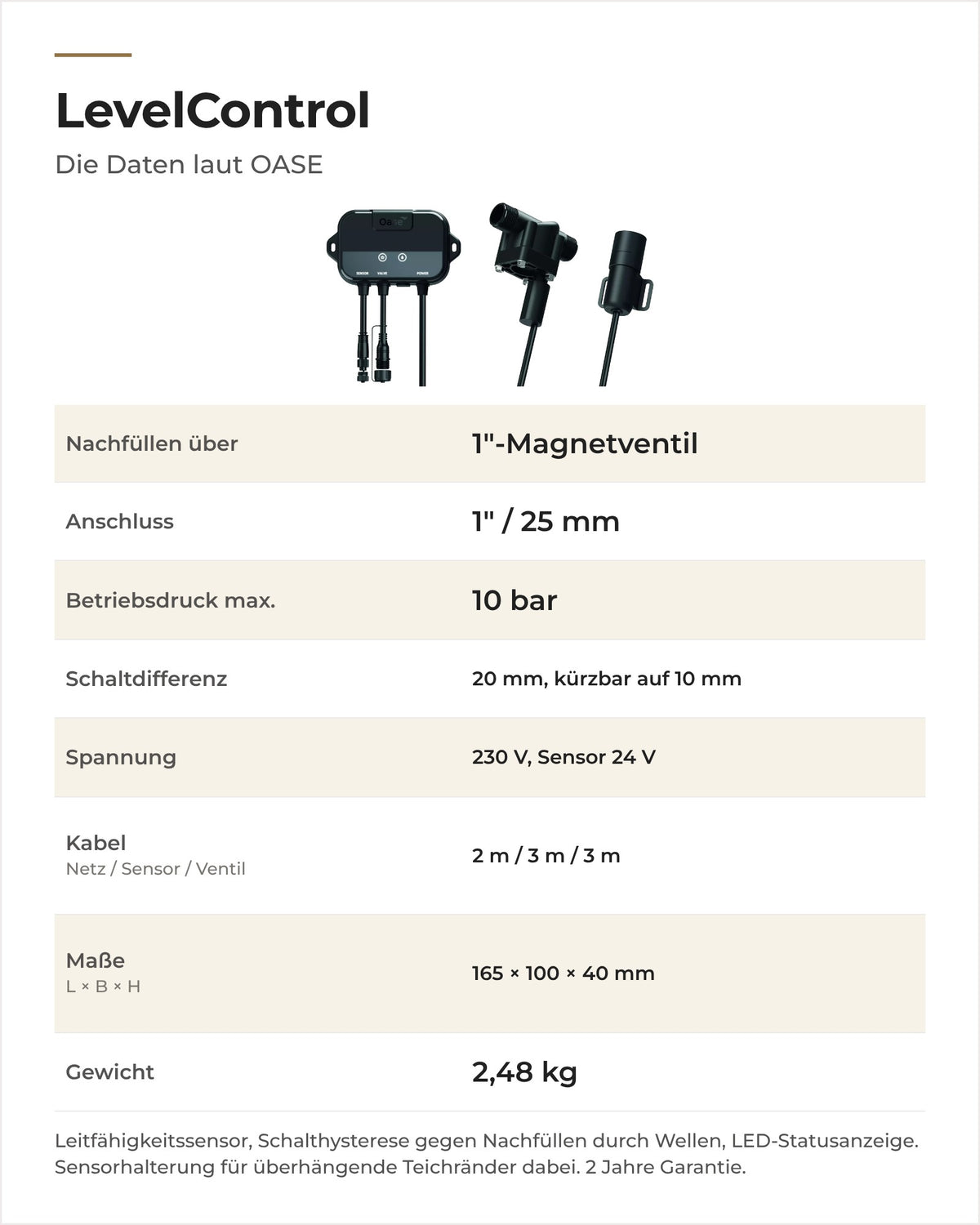 Daten OASE LevelControl: Anschluss, Betriebsdruck, Schaltdifferenz, Spannung, Kabel, Maße und Gewicht