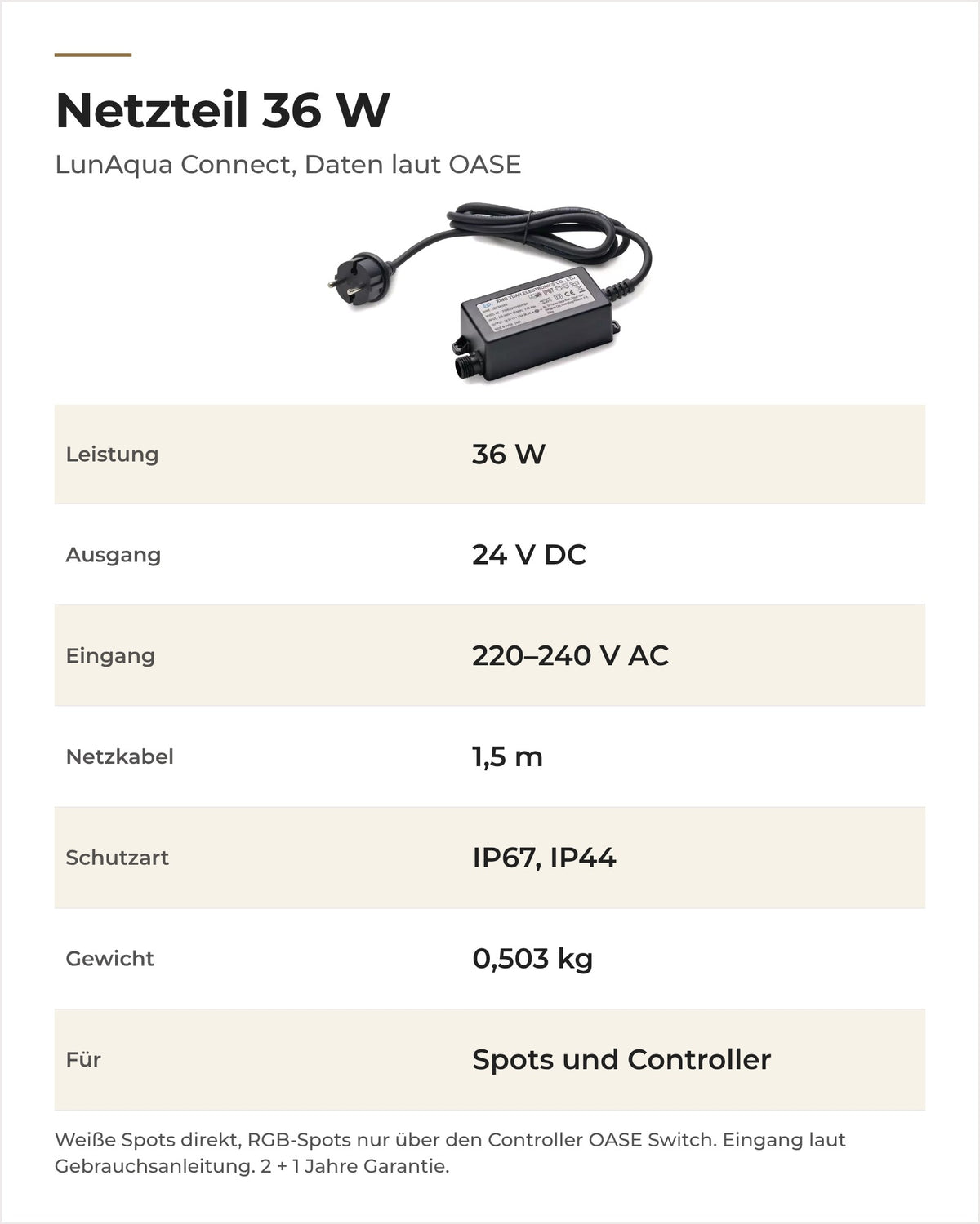 Daten OASE LunAqua Connect Netzteil 36 W: Leistung, Ausgang, Netzkabel, Schutzart und Gewicht