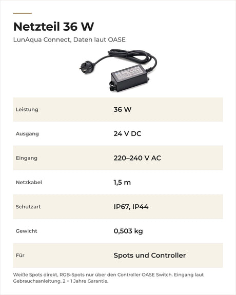Daten OASE LunAqua Connect Netzteil 36 W: Leistung, Ausgang, Netzkabel, Schutzart und Gewicht
