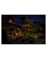 Garten bei Nacht: Pavillon und angestrahlte Formgehölze als Beispiel für Gartenbeleuchtung