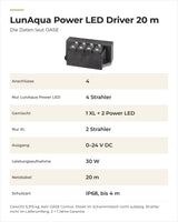 Daten OASE LunAqua Power LED Driver 20 m: Anschlüsse, Strahler je Treiber, Ausgang und Leistungsaufnahme