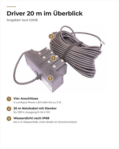 OASE LunAqua Power LED Driver 20 m mit Nummern: vier Anschlüsse, Netzkabel mit Stecker, wasserdichtes Gehäuse