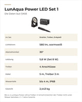 Daten OASE LunAqua Power LED Set 1: Lieferumfang, Lichtstrom, Abstrahlwinkel, Leistung, Kabel und Gewicht