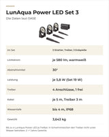 Daten OASE LunAqua Power LED Set 3: Lieferumfang, Lichtstrom, Abstrahlwinkel, Leistung, Kabel und Gewicht