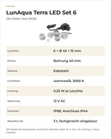 Daten OASE LunAqua Terra LED Set 6: Leuchten, Einbau, Material, Lichtfarbe, Leistung und Belastbarkeit