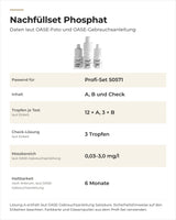 Daten OASE Nachfüllset Phosphat 50661: Inhalt, Tropfen je Test, Messbereich, Haltbarkeit