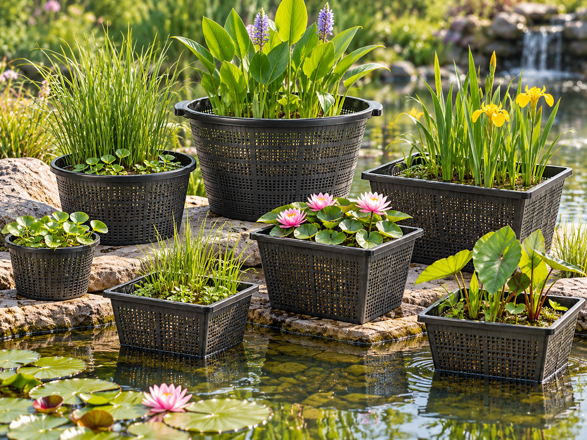 Runde und viereckige OASE Pflanzkörbe aus schwarzem Kunststoff, bepflanzt mit verschiedenen Wasserpflanzen und Seerosen am Gartenteich