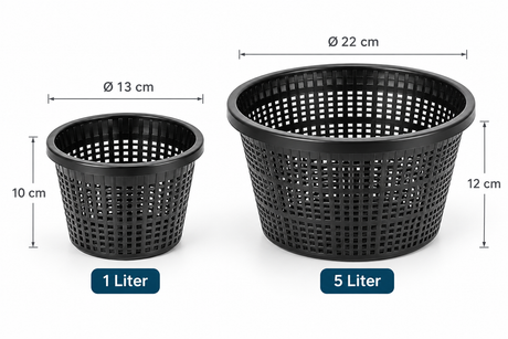 Zwei schwarze OASE Pflanzkörbe rund aus Kunststoff im Größenvergleich: Ø 13 cm mit 1 Liter Volumen und 10 cm Höhe sowie Ø 22 cm mit 5 Litern Volumen und 12 cm Höhe.