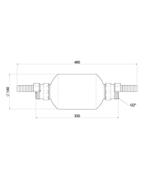 Maßzeichnung OASE PhosLess Flow 3000: 480 mm lang, Ø 140 mm, Anschlussgewinde G 2″