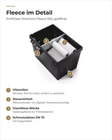 Aufbau des OASE ProfiClear Premium Fleece: Vliesrollen, Steuereinheit, ClearWave-Blöcke und Schmutzablass