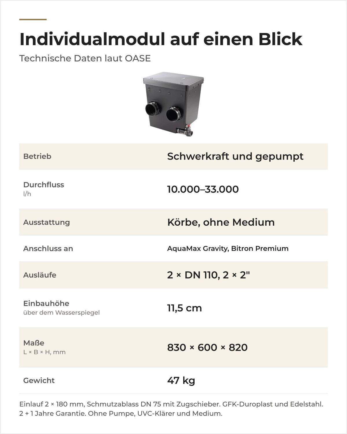 Technische Daten OASE ProfiClear Premium Individualmodul: Durchfluss, Anschlüsse, Maße, Gewicht