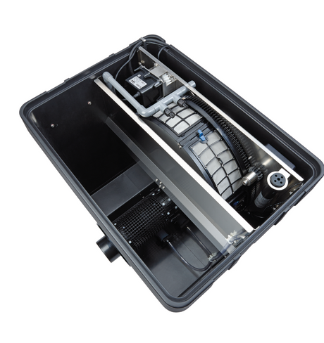 OASE ProfiClear Premium Compact-M Gravitation OC Trommelfilter in der Innenansicht mit Filtertrommel und Filterkammer