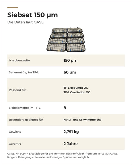 Daten OASE ProfiClear Premium Siebset 150 µm: Maschenweite, passende Filter, Siebelemente, Gewicht, Garantie