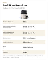 Daten OASE ProfiSkim Premium: Teichoberfläche, empfohlener Durchfluss, Korb, Höhenanpassung, Maße und Gewicht