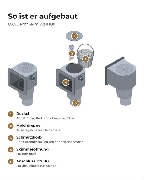 Grafik OASE ProfiSkim Wall 100: Deckel, Molchtreppe, Schmutzkorb, Skimmeröffnung und DN-110-Anschluss