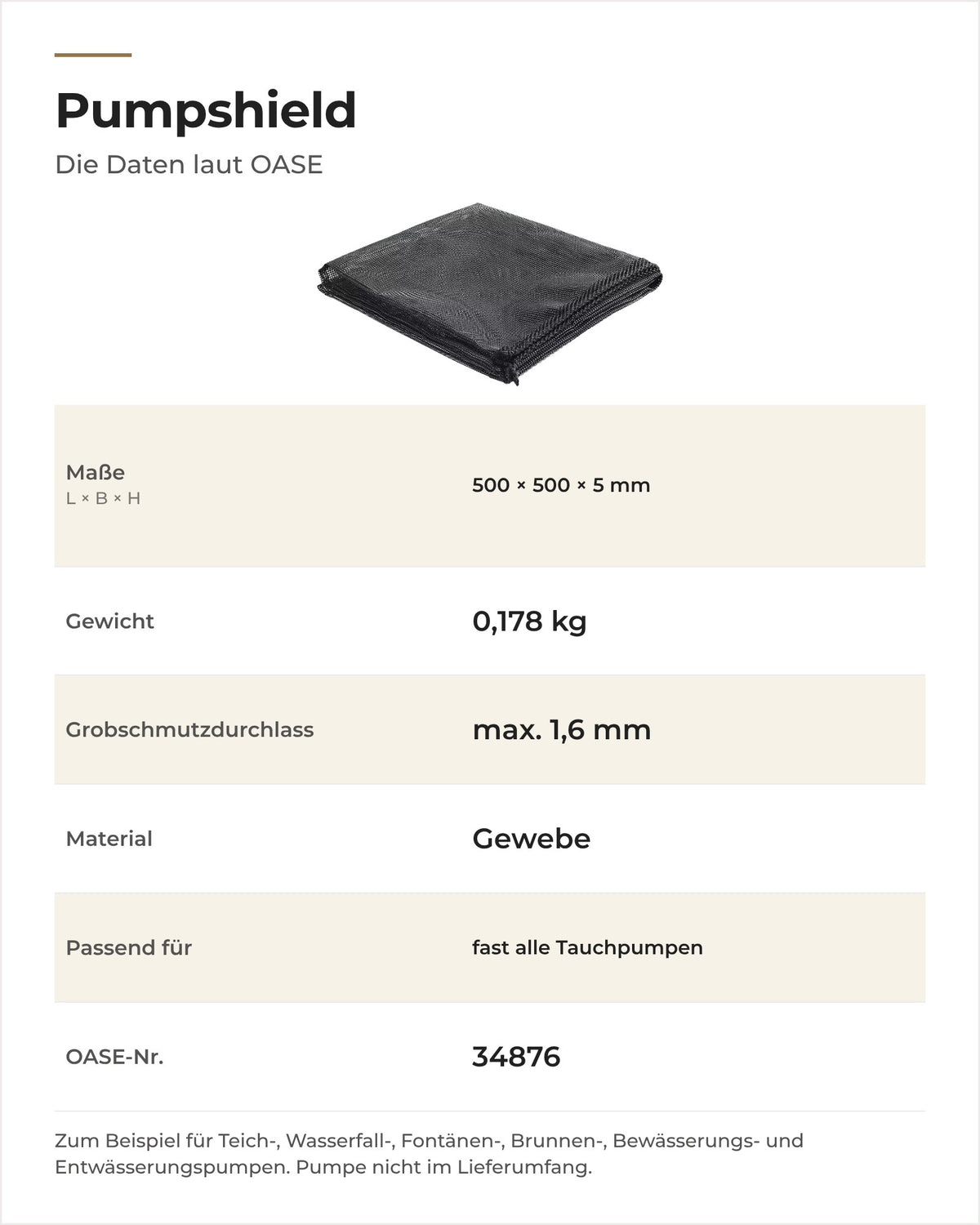 Daten OASE Pumpshield: Maße, Gewicht, Grobschmutzdurchlass, Material und passende Pumpen