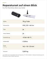 Daten OASE PVC-Folien-Reparaturset: Kleber, Folienstück, Temperatur, Haltbarkeit, Maße und Gewicht