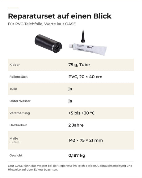 Daten OASE PVC-Folien-Reparaturset: Kleber, Folienstück, Temperatur, Haltbarkeit, Maße und Gewicht