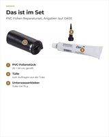 Lieferumfang OASE PVC-Folien-Reparaturset mit Nummern: Folienstück 20 × 40 cm, Tülle, Unterwasserkleber 75 g