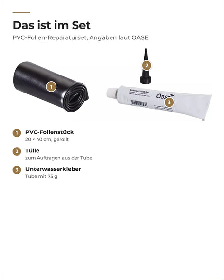 Lieferumfang OASE PVC-Folien-Reparaturset mit Nummern: Folienstück 20 × 40 cm, Tülle, Unterwasserkleber 75 g