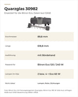 Daten OASE Quarzglas 30982: Durchmesser, Länge, Bördelrand, passende Bitron Eco und Zahl der Lampen im Glas