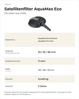 Daten OASE Satellitenfilter AquaMax Eco: passende Pumpen, Schlauchanschluss, Grobschmutz, Maße und Gewicht