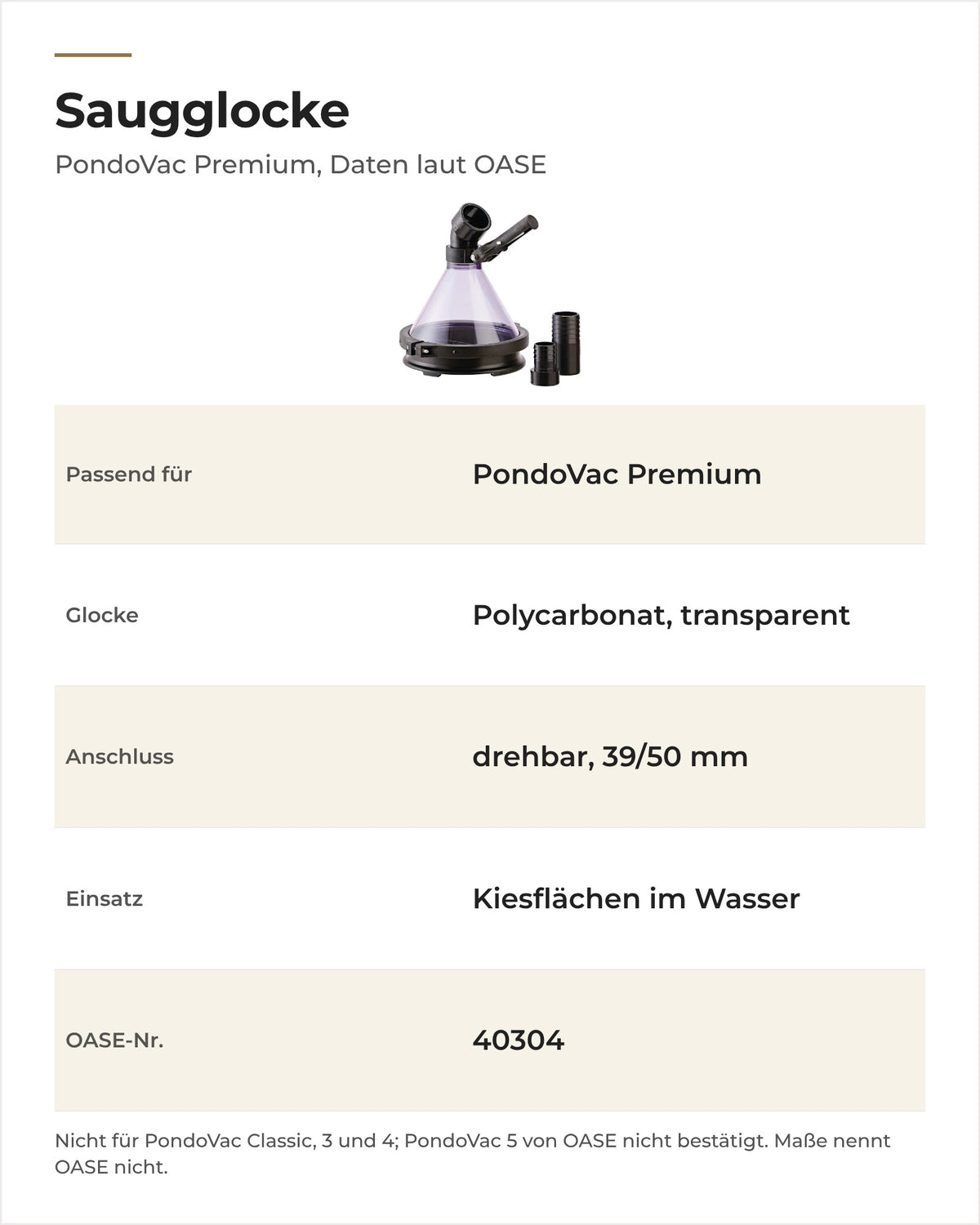 Daten OASE Saugglocke PondoVac Premium: passendes Gerät, Material, Anschluss und Einsatz