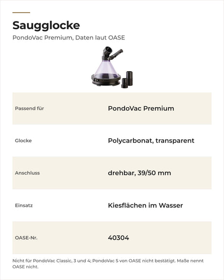 Daten OASE Saugglocke PondoVac Premium: passendes Gerät, Material, Anschluss und Einsatz