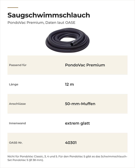 Daten OASE Saugschwimmschlauch PondoVac Premium: passendes Gerät, Länge, Muffen und Innenwand