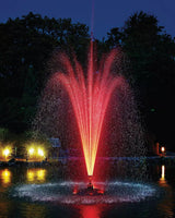 Schwimmfontäne nachts rot beleuchtet mit dem OASE Beleuchtungsset RGB