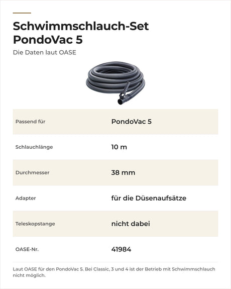Daten OASE Schwimmschlauch-Set PondoVac 5: passendes Gerät, Schlauchlänge, Durchmesser und Adapter